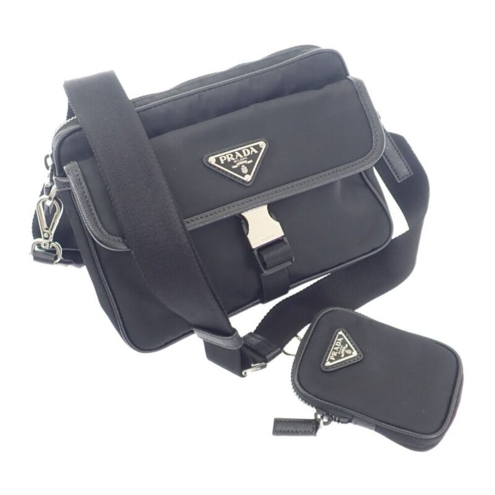 Prada Re-Nylon 2 Vh133 Shoulder Bag Nylon Saffiano Black Silver Hardware